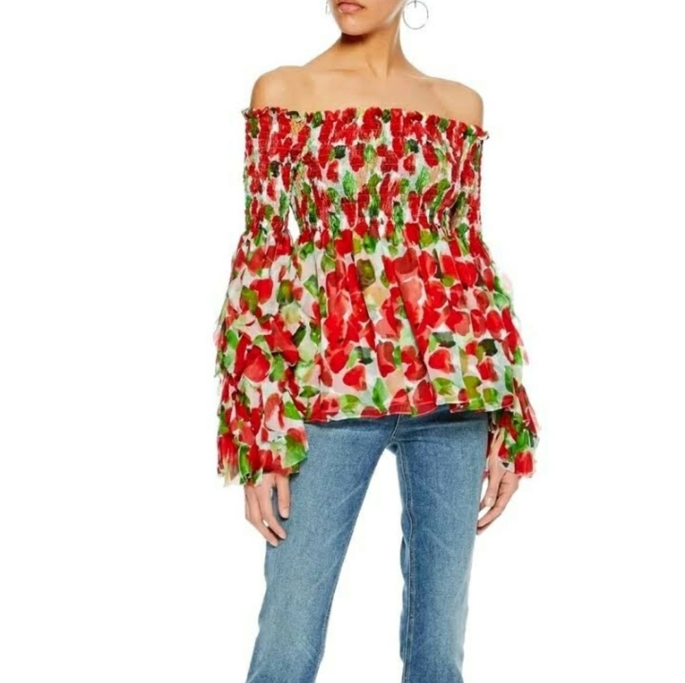Caroline Constas Red and Green Floral Off-Shoulder Top